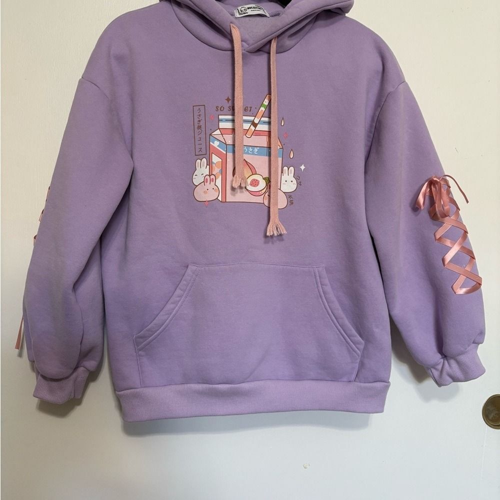 Purple Hoodie with Cute Graphic and Ribbon Details